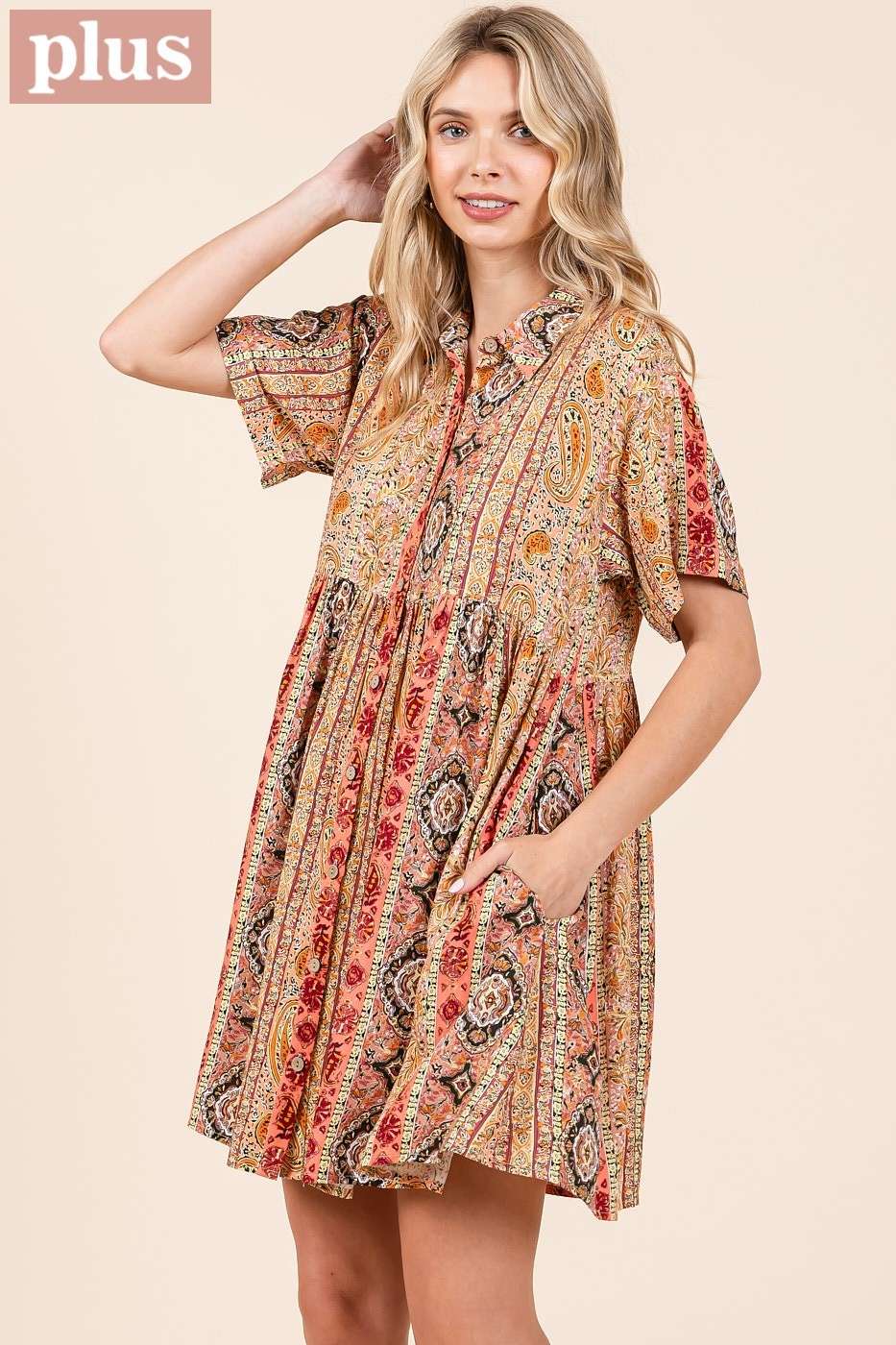 PAISLEY PATCHWORK PRINT MINI SHIRT DRESS (plus)