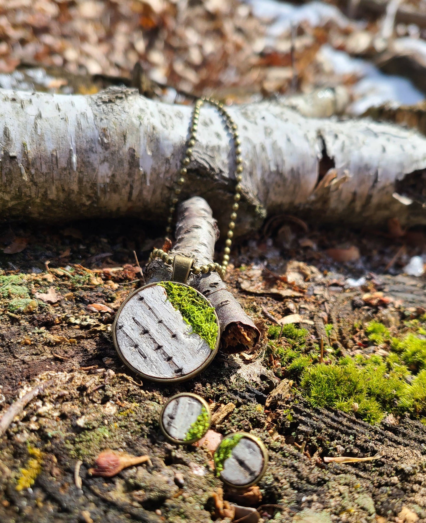 Mossy Birch Bark Circle Necklace & Stud Earring Set