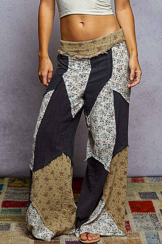 Double gauze varied printed patchwork woven pants