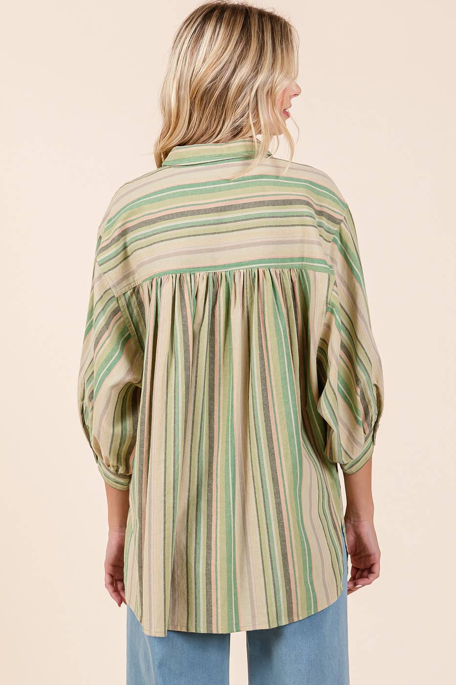 MULTICOLOR STRIPED BUBBLE SLEEVE BUTTON DOWN SHIRT