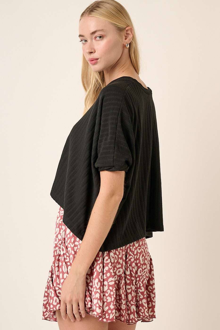 TEXTURE KNIT ROUND NECK DOLMAN SLEEVE TOP