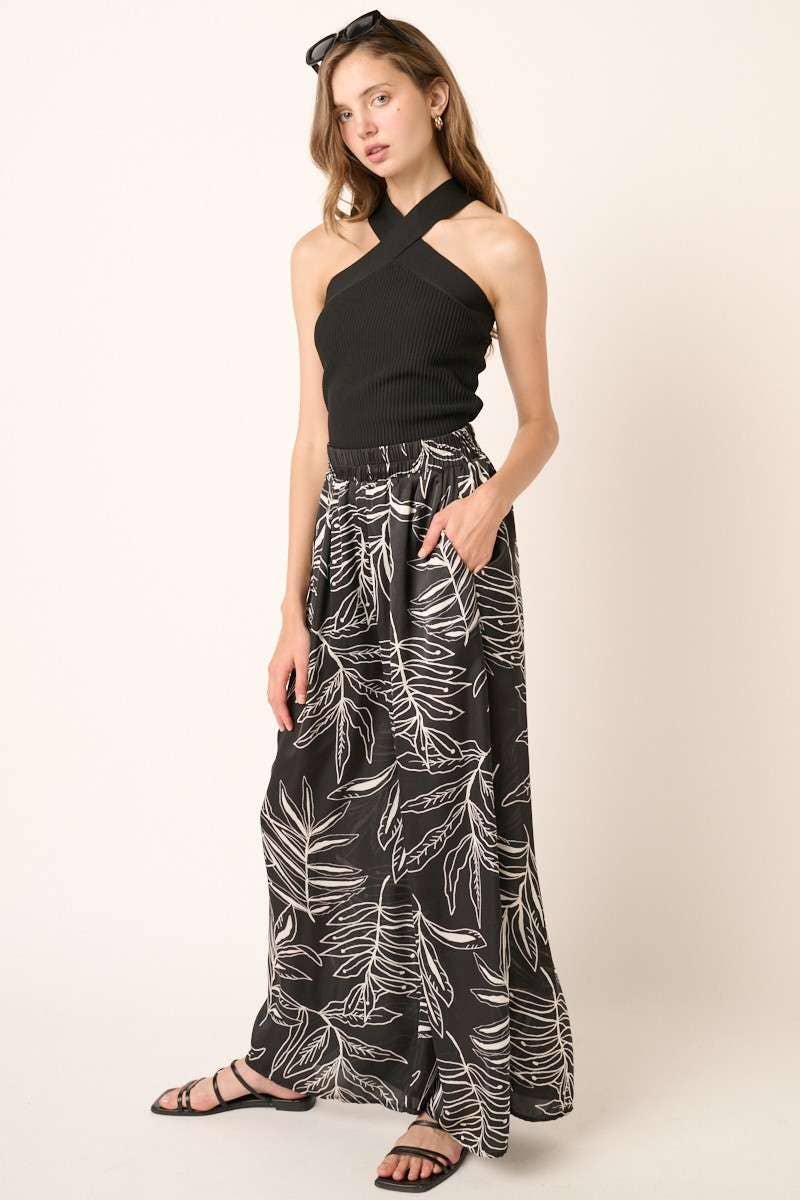 LEAF PRINT SATIN WIDE LEG PANTS
