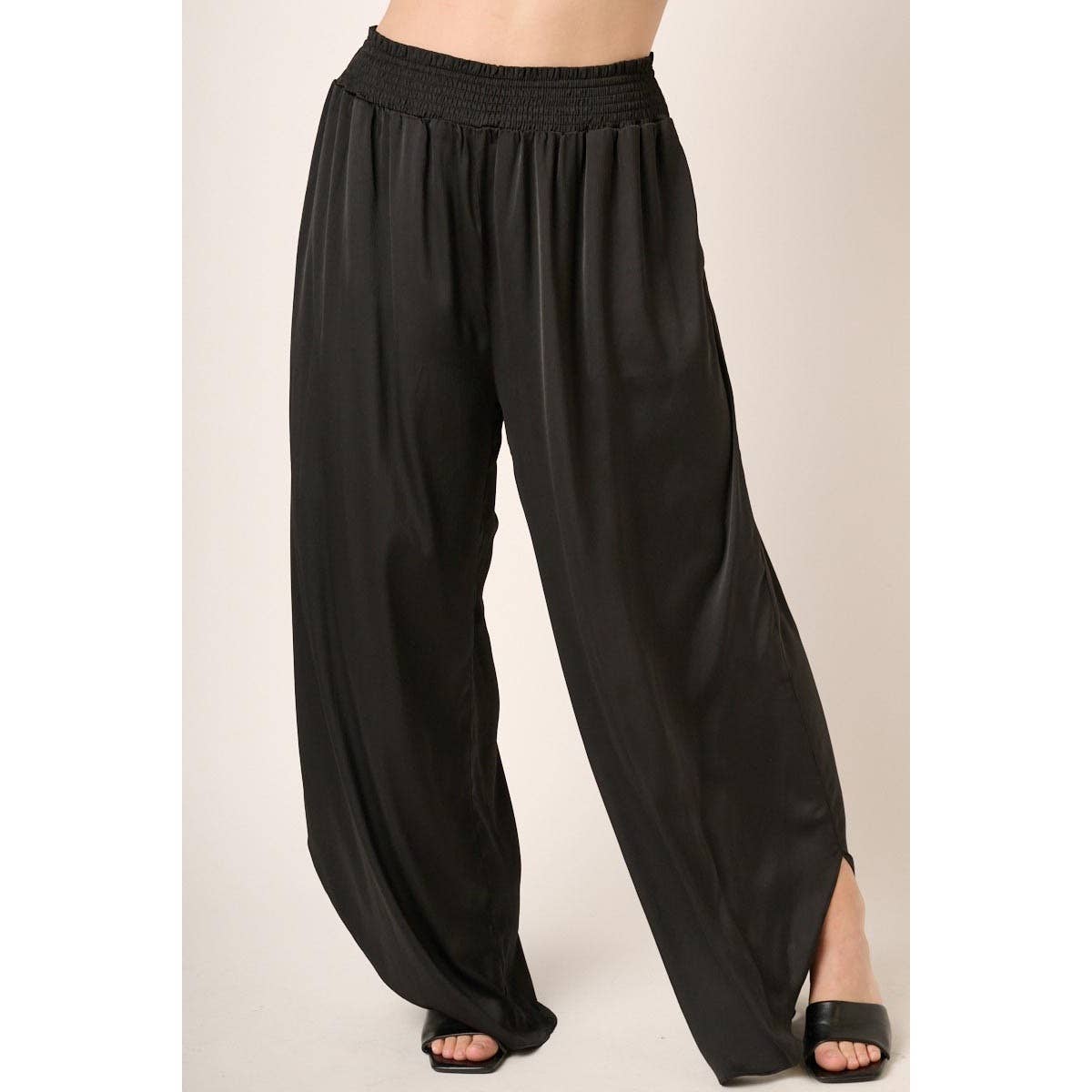 PLUS TEXTURE SATIN SMOCKED WAIST WIDE LEG PANTS