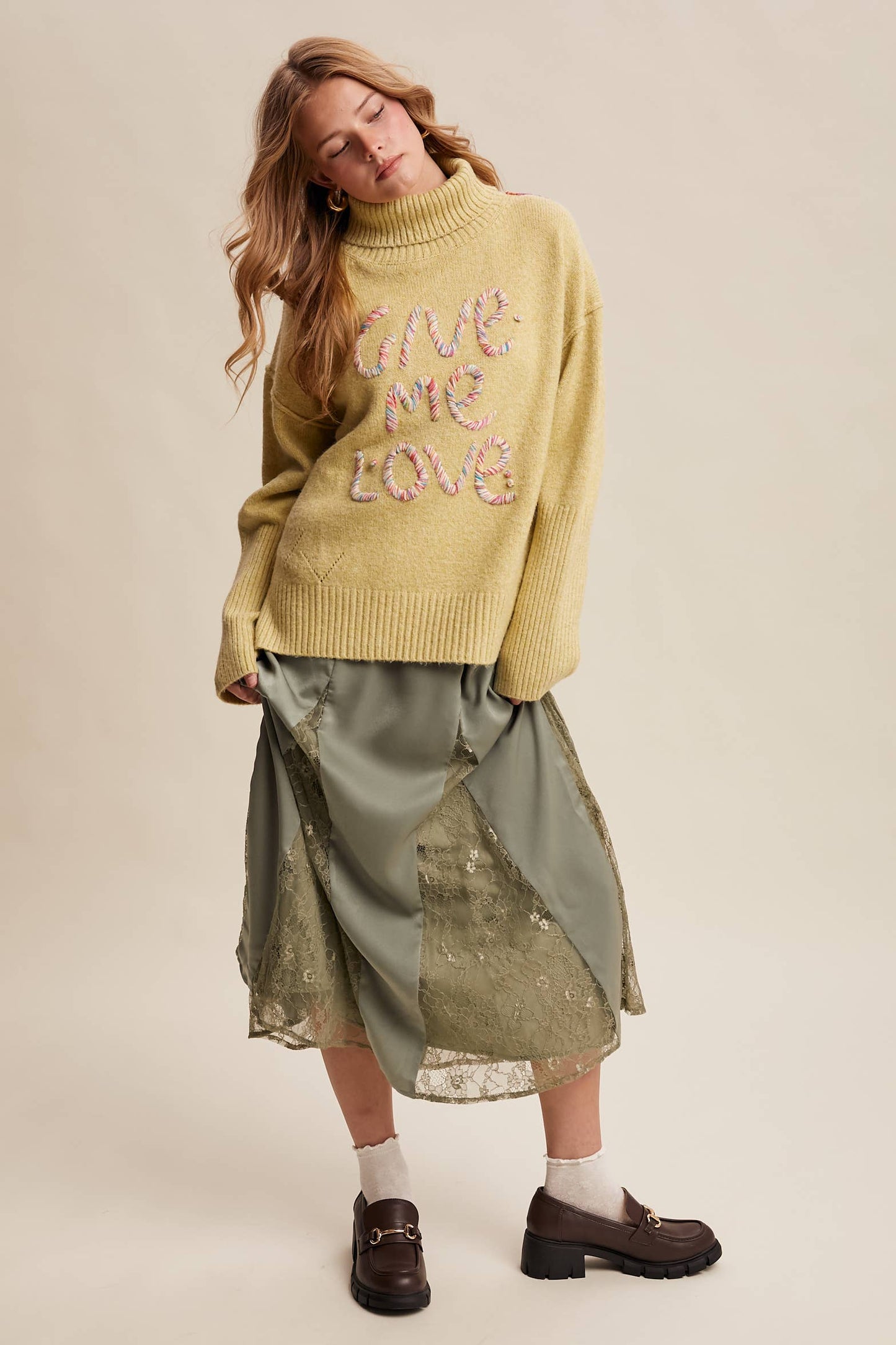 Give Me Love Embroidered Turtleneck Sweater