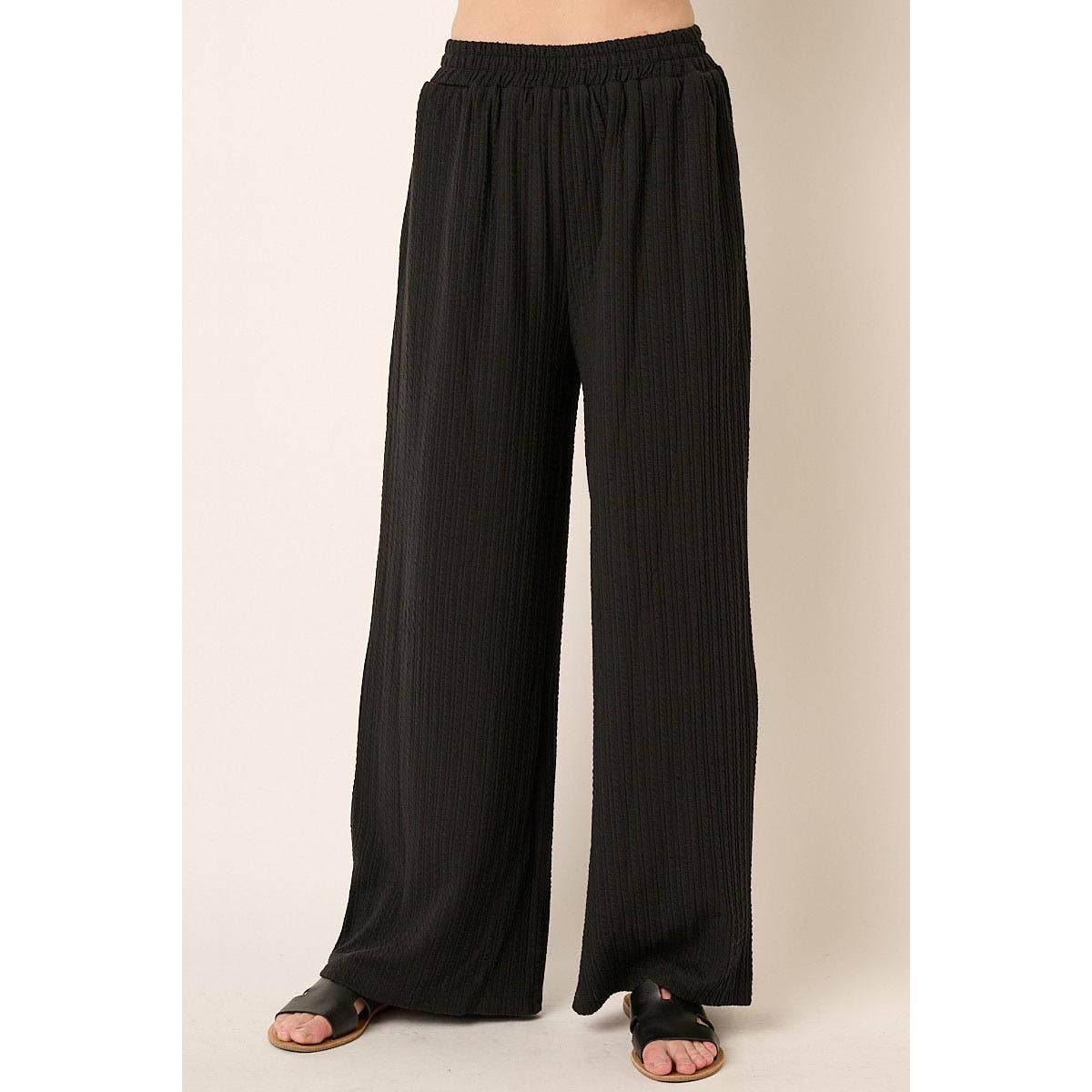 TEXTURE KNIT ELASTIC WAIST WIDE LEG PANTS
