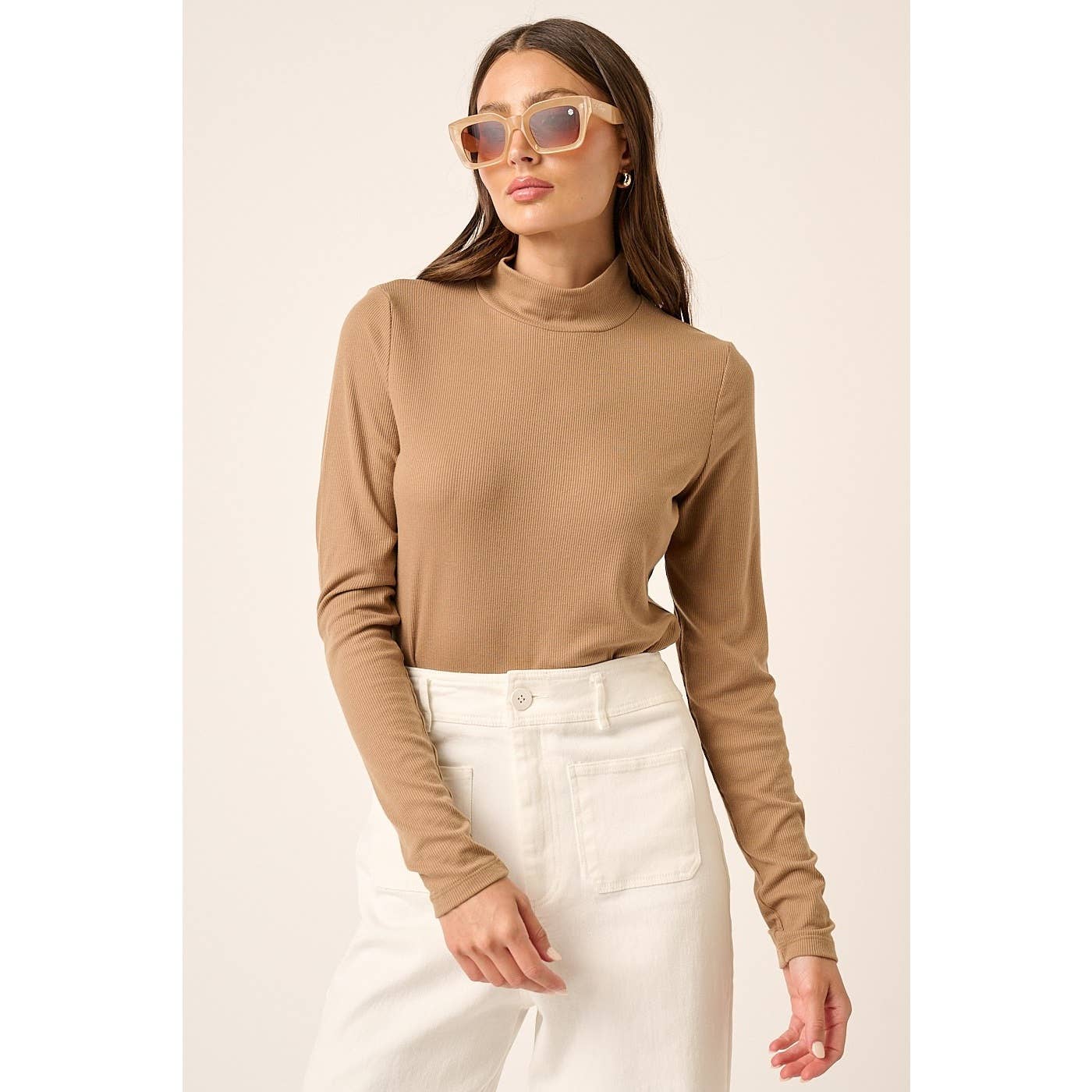 RIB MOCK NECK LONG SLEEVE KNIT TOP