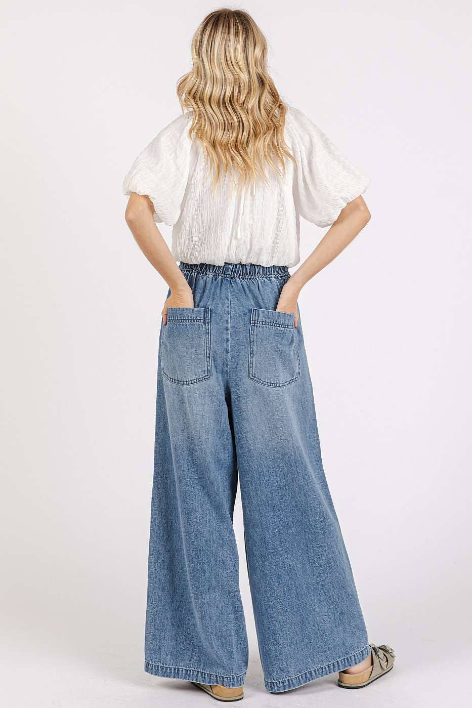 WASHED DENIM ELASTIC BUTTON FLY WIDE LEG PANTS