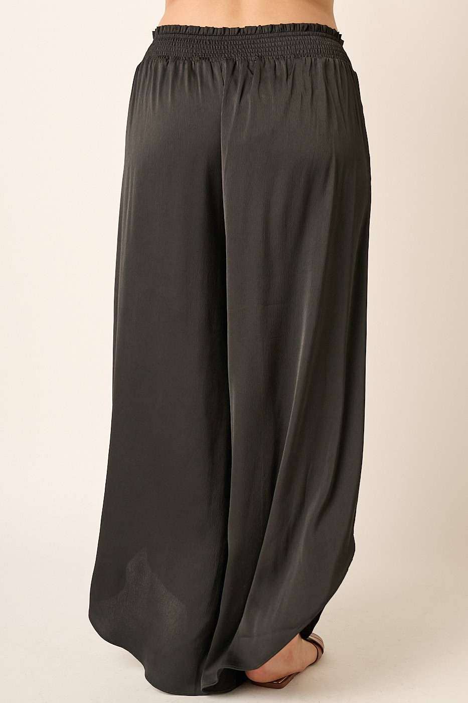 PLUS TEXTURE SATIN SMOCKED WAIST WIDE LEG PANTS