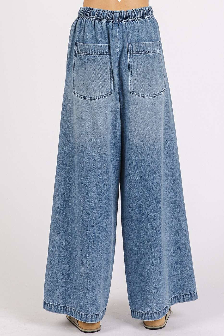 WASHED DENIM ELASTIC BUTTON FLY WIDE LEG PANTS