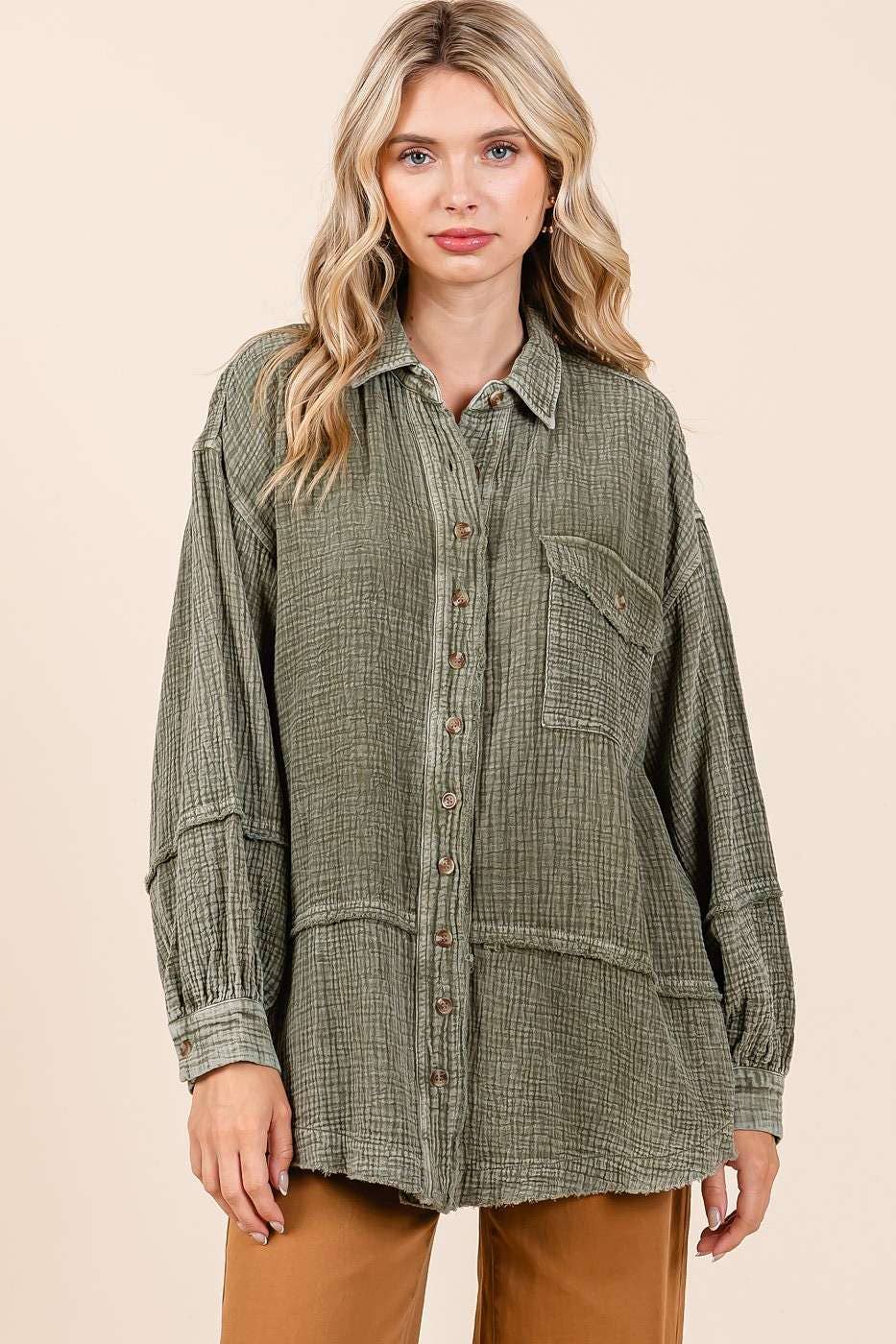 MINERAL WASH CRINKLE GAUZE BUTTON DOWN SHIRT