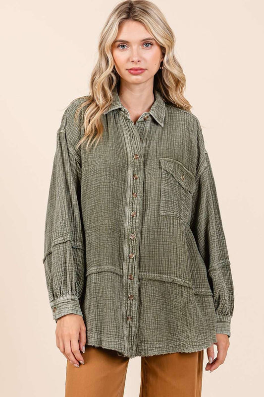 MINERAL WASH CRINKLE GAUZE BUTTON DOWN SHIRT