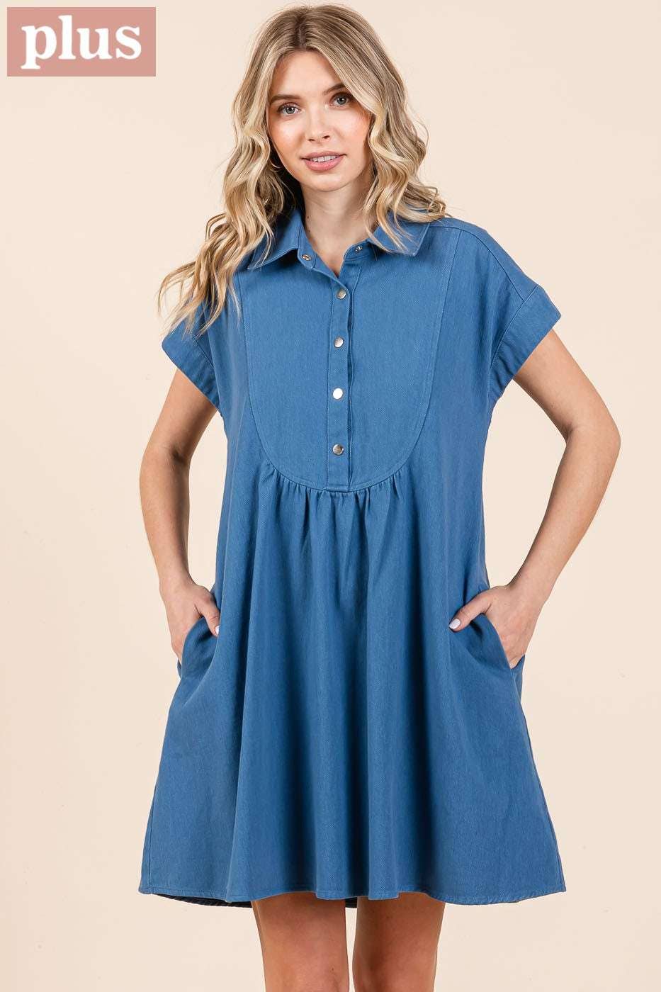TWILL SHORT SLEEVE COLLARED MINI DRESS (Plus)