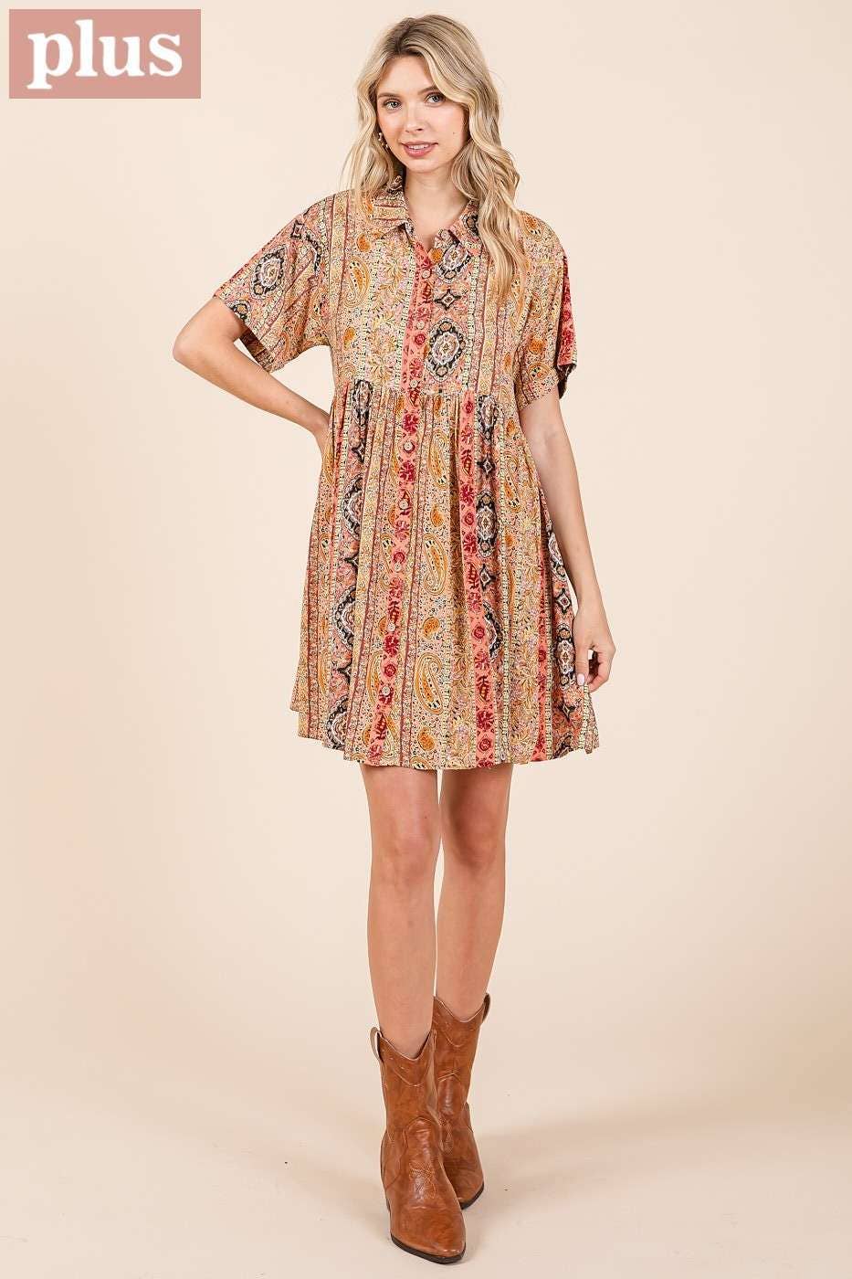 PAISLEY PATCHWORK PRINT MINI SHIRT DRESS (plus)