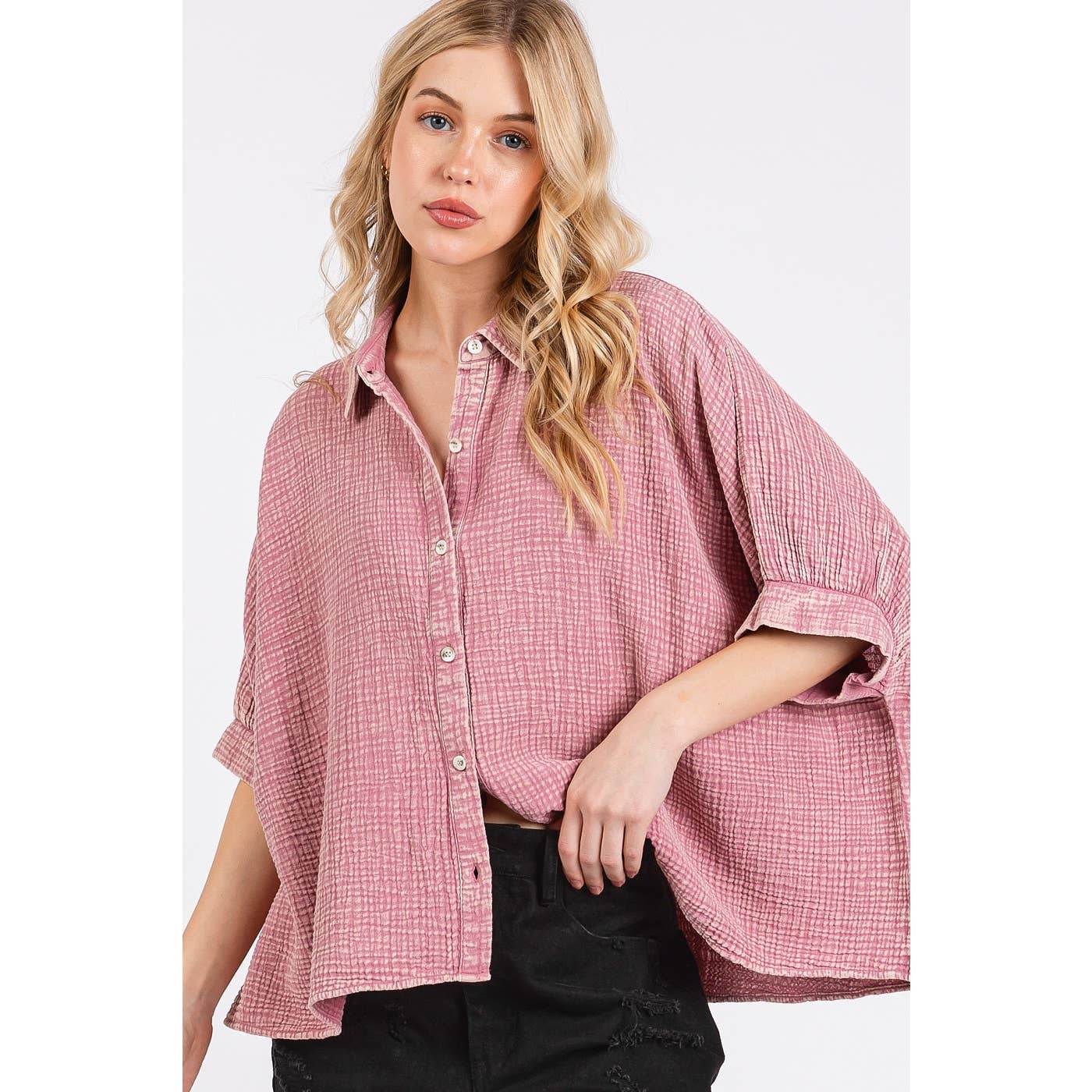 MINERAL WASH GAUZE DOLMAN SLEEVE BUTTON DOWN SHIRT