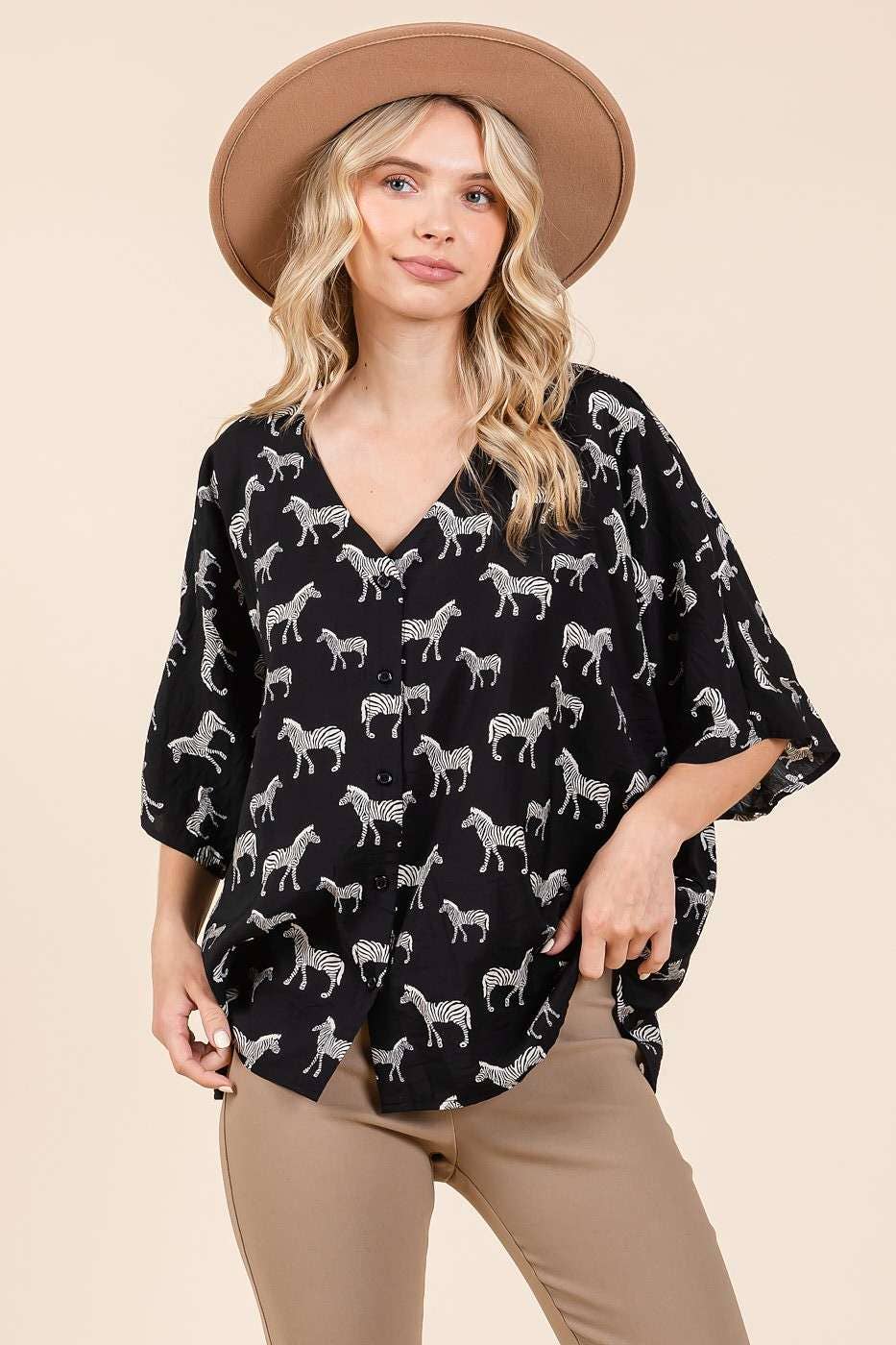 ZEBRA PRINT V-NECK BUTTON DOWN DOLMAN SLEEVE TOP