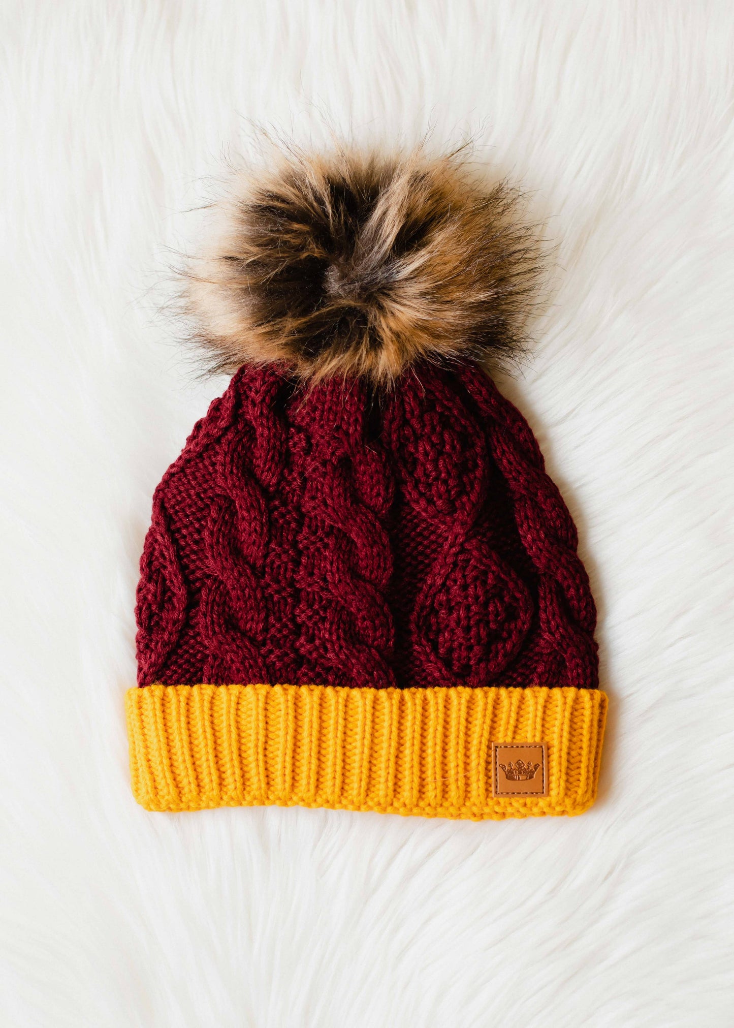Maroon & Gold Trim Cable Knit Pom Hat