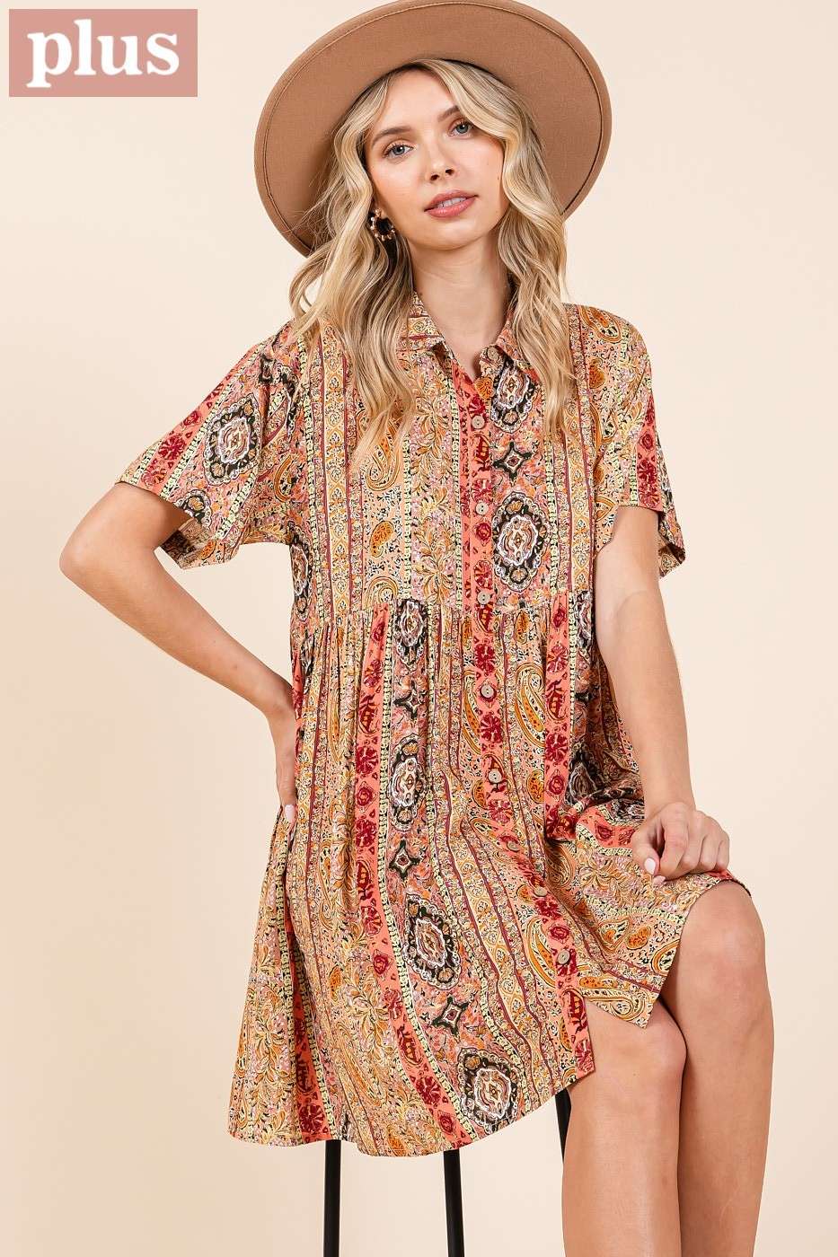 PAISLEY PATCHWORK PRINT MINI SHIRT DRESS (plus)