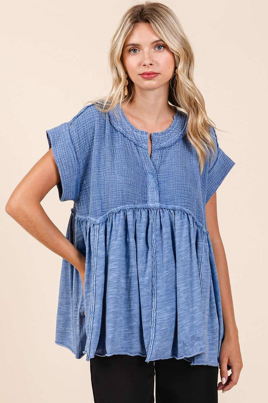 MIXED MEDIA MINERAL WASH BABYDOLL SHORT SLEEVE TOP