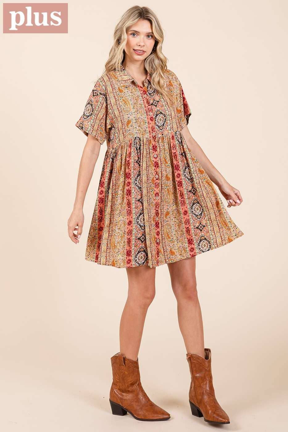 PAISLEY PATCHWORK PRINT MINI SHIRT DRESS (plus)