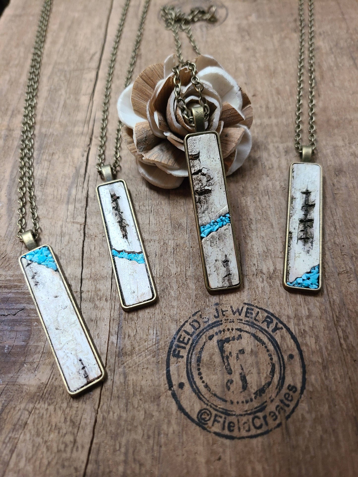Natural Wood Birch Bark Turquoise Necklace