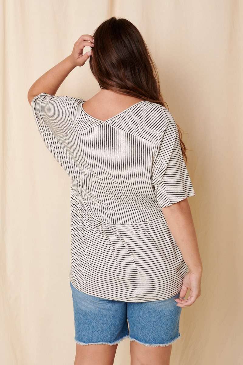 STRIPE V-NECK BABYDOLL KNIT TOP (Plus)