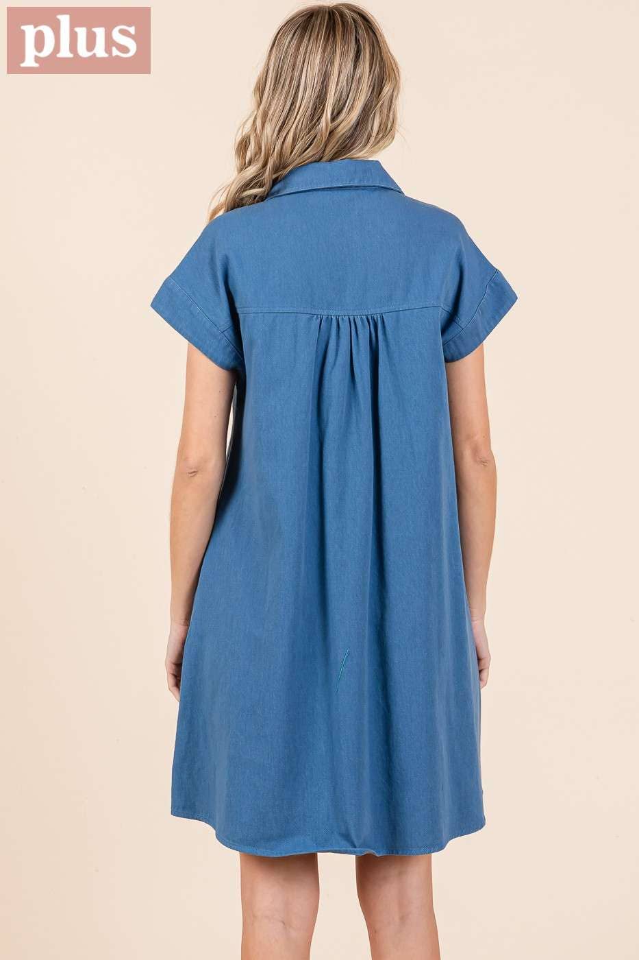 TWILL SHORT SLEEVE COLLARED MINI DRESS (Plus)