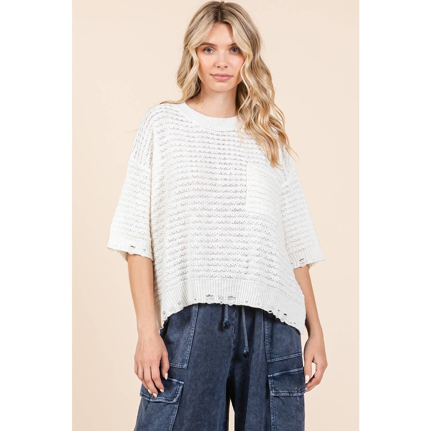 DISTRESSED HEM SHORT SLEEVE LOOSE SWEATER KNIT TOP