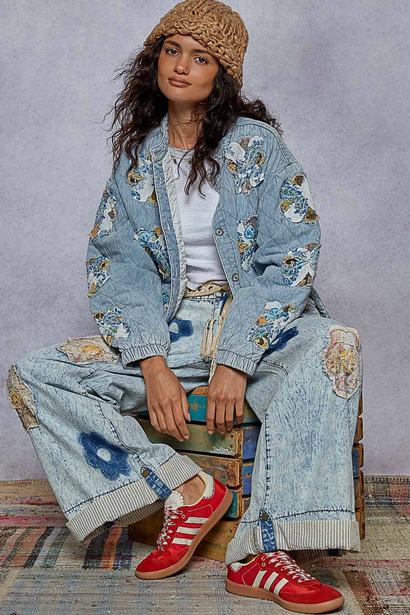 Mock neck balloon sleeve oversized fit quilted denim Jacket