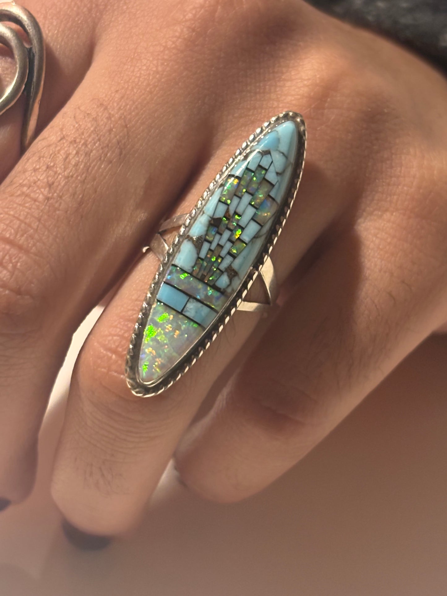 Zuni Micro Inlay Turquoise White Lab Opal Ring | Size 7.5