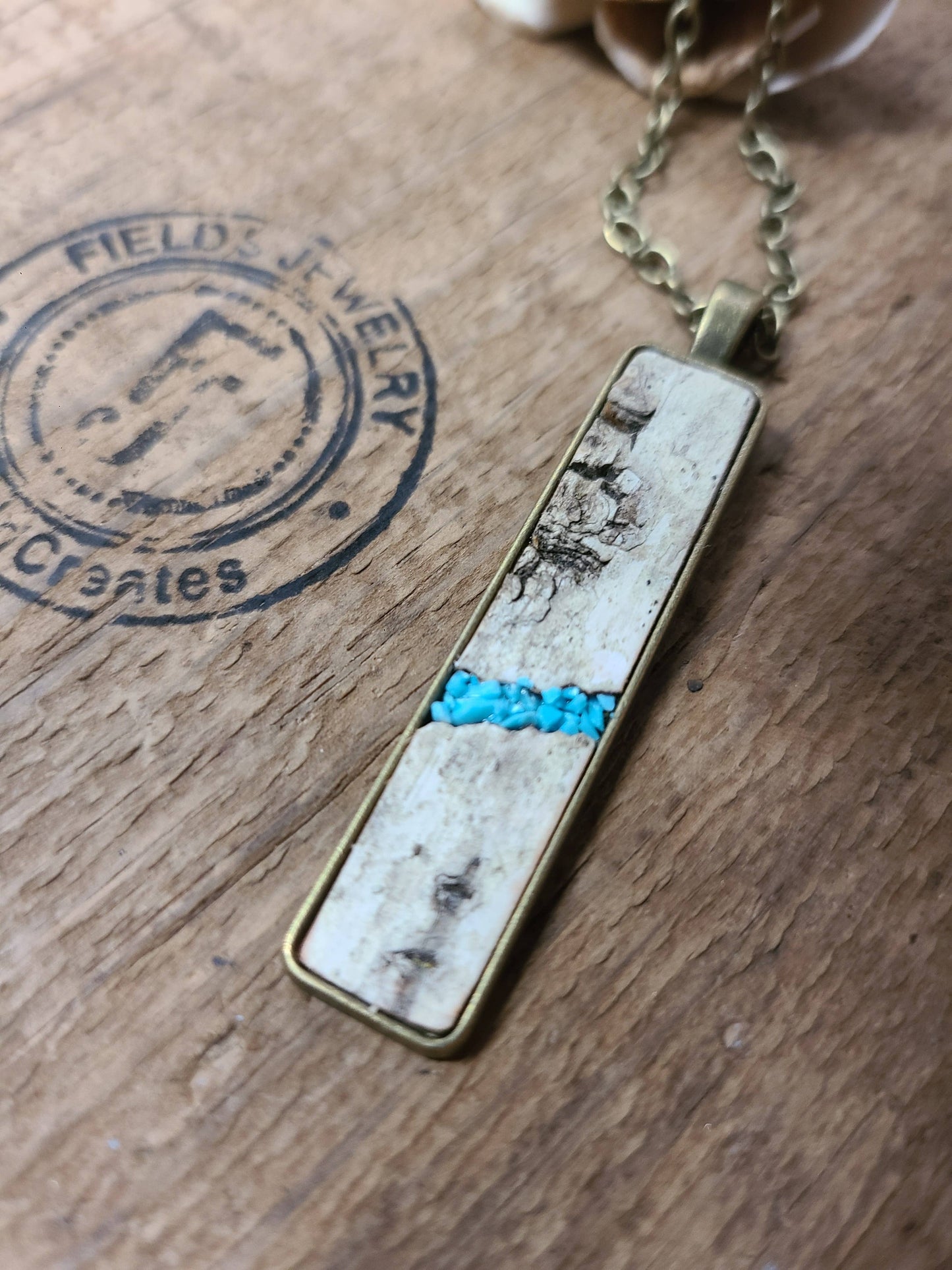 Natural Wood Birch Bark Turquoise Necklace