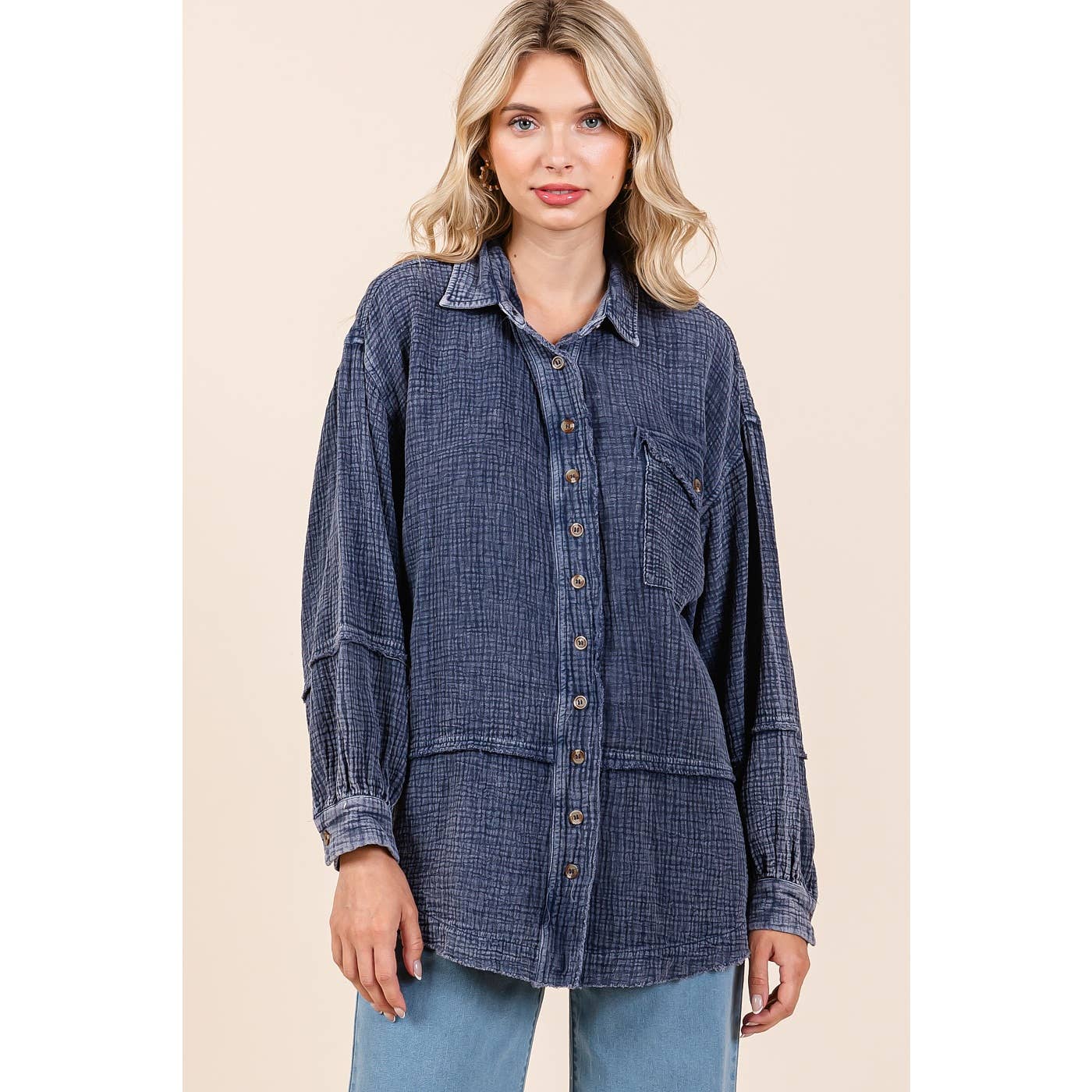 MINERAL WASH CRINKLE GAUZE BUTTON DOWN SHIRT