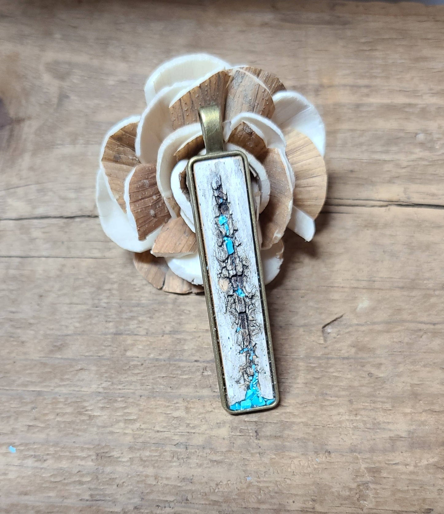 Natural Wood Birch Bark Turquoise Necklace