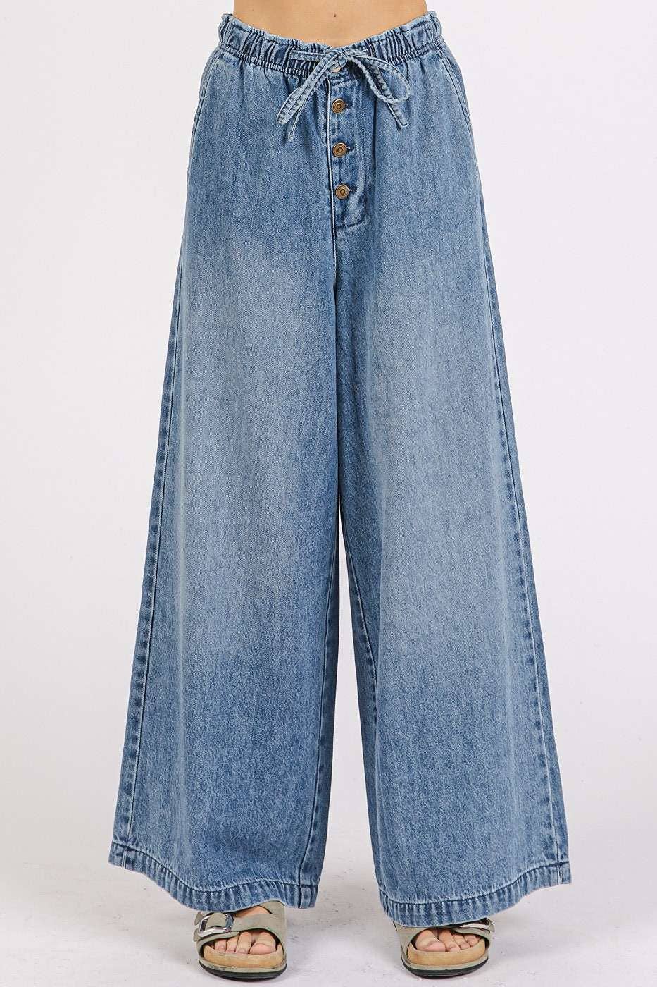 WASHED DENIM ELASTIC BUTTON FLY WIDE LEG PANTS