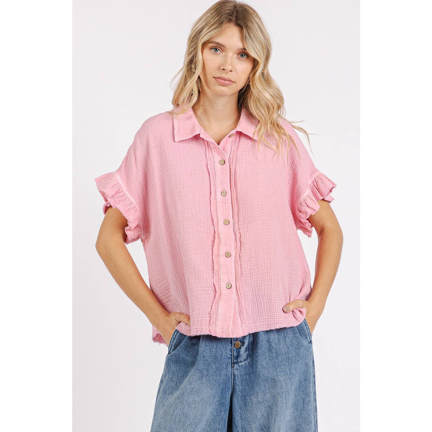 MINERAL WASH GAUZE RUFFLE SHORT SLEEVE SHIRT