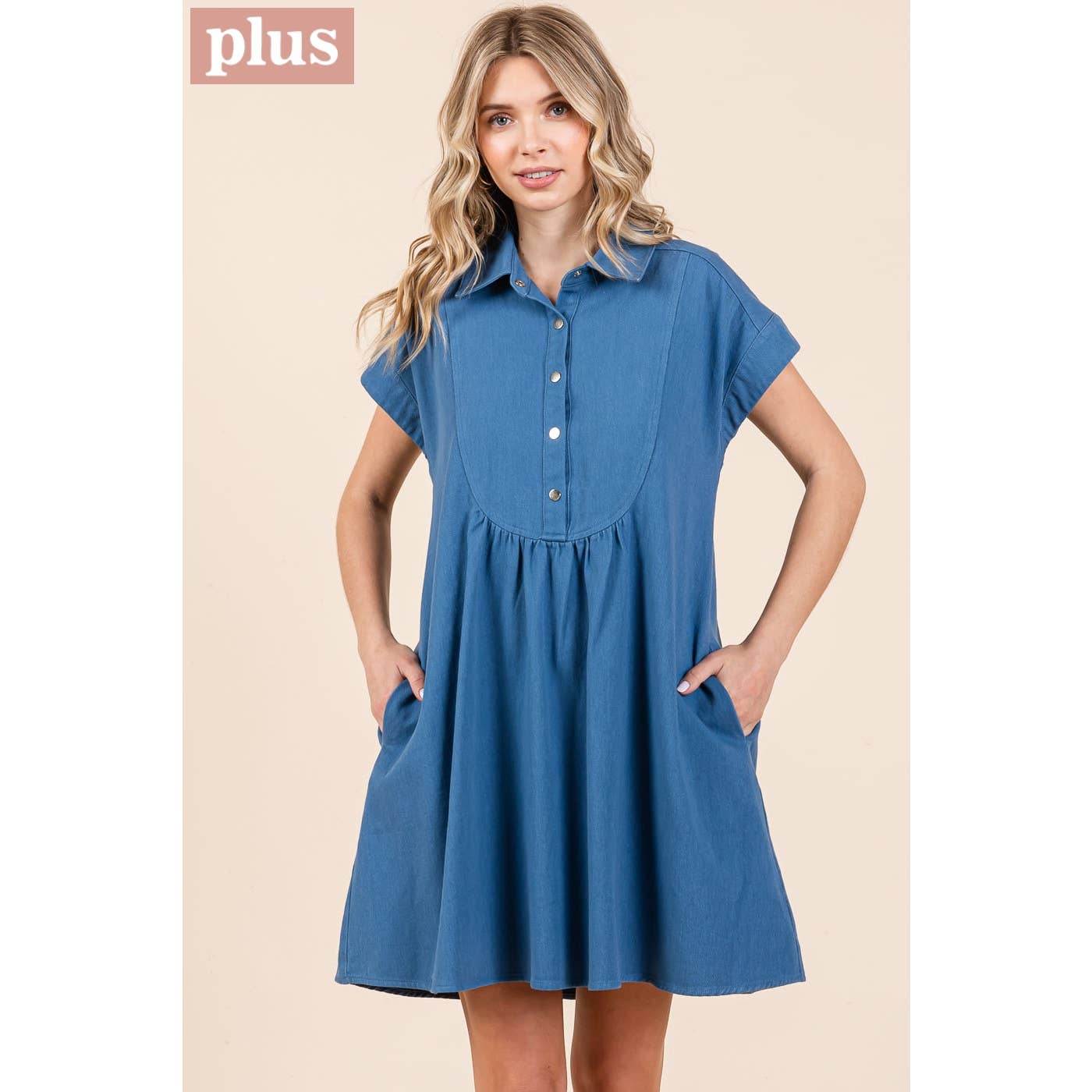 TWILL SHORT SLEEVE COLLARED MINI DRESS (Plus)