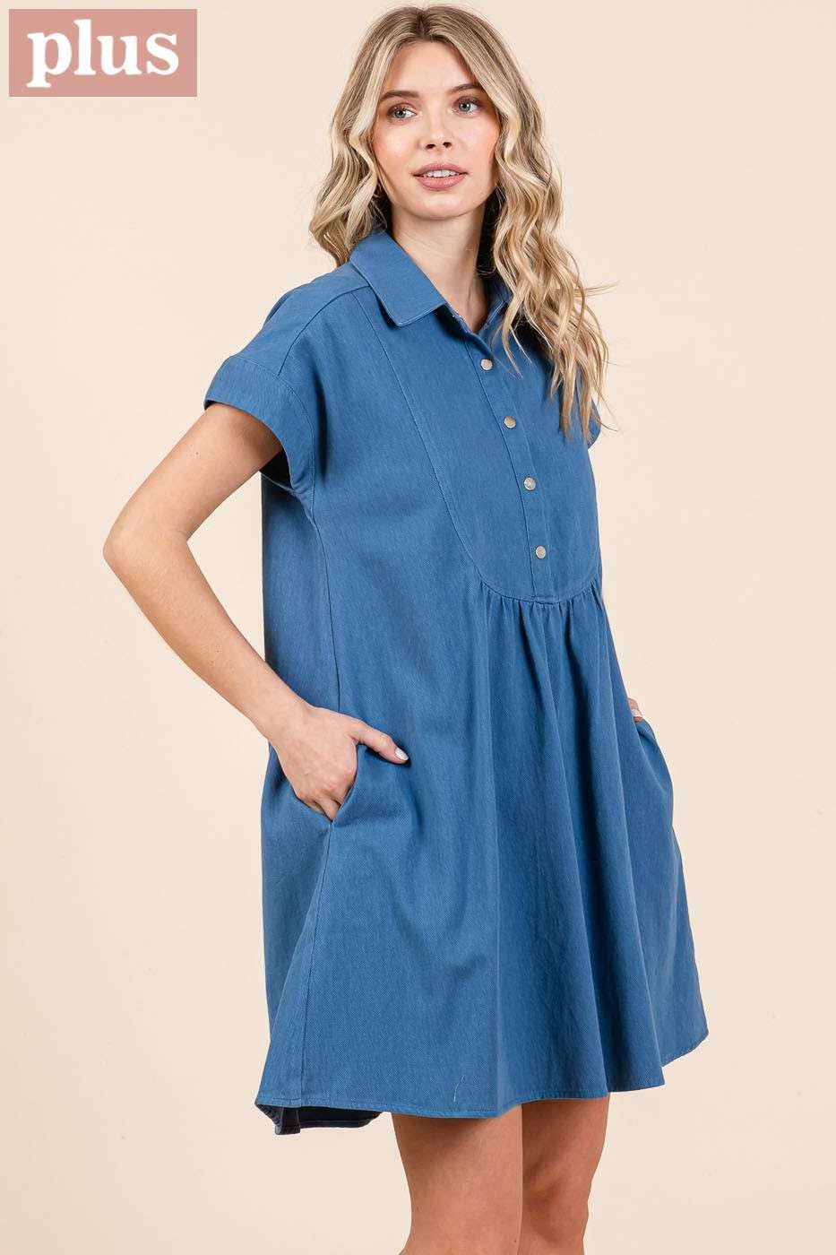 TWILL SHORT SLEEVE COLLARED MINI DRESS (Plus)