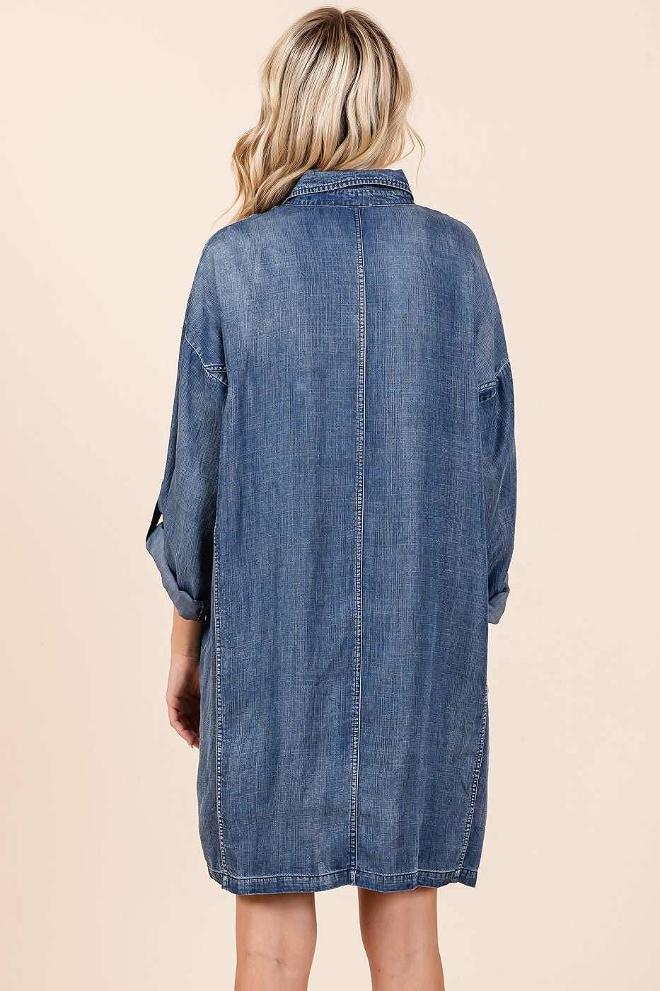 WASHED CHAMBRAY BUTTON TAB SLEEVE MINI SHIRT DRESS