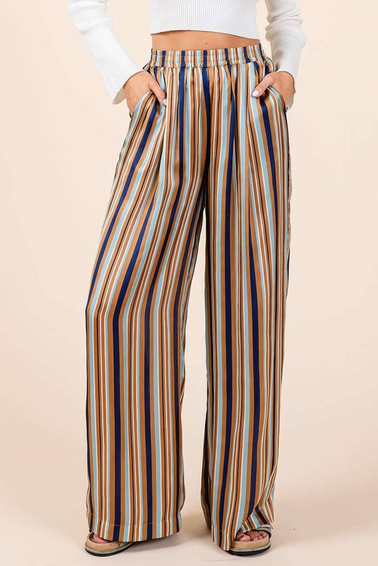 MULTICOLOR STRIPED PRINT SATIN ELASTIC WAIST PANTS