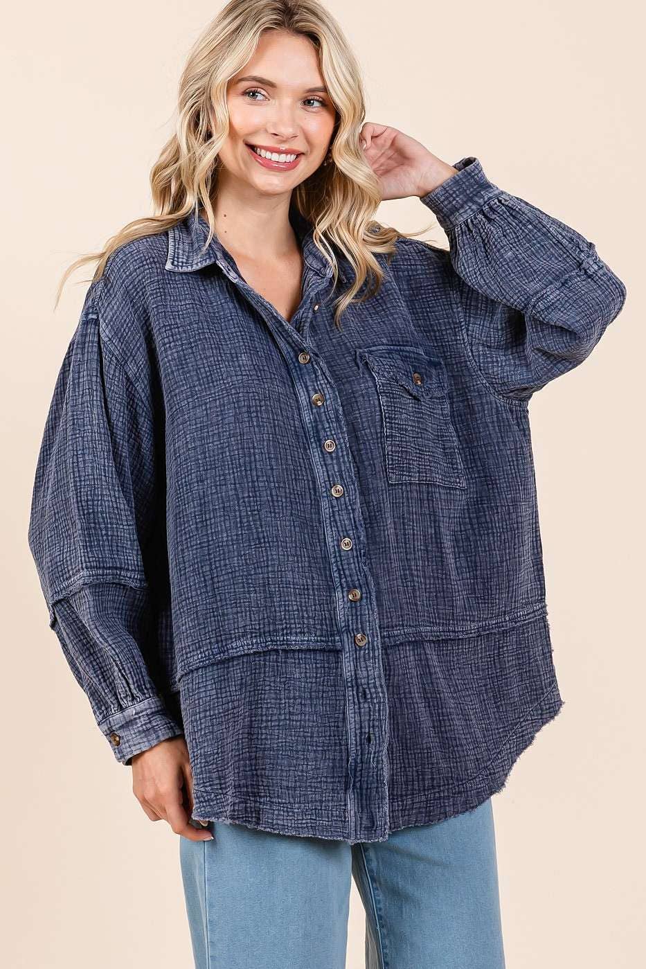 MINERAL WASH CRINKLE GAUZE BUTTON DOWN SHIRT