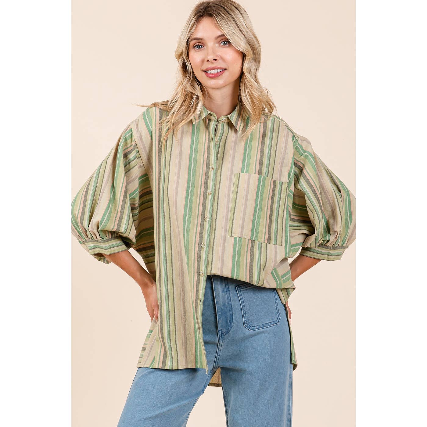 MULTICOLOR STRIPED BUBBLE SLEEVE BUTTON DOWN SHIRT