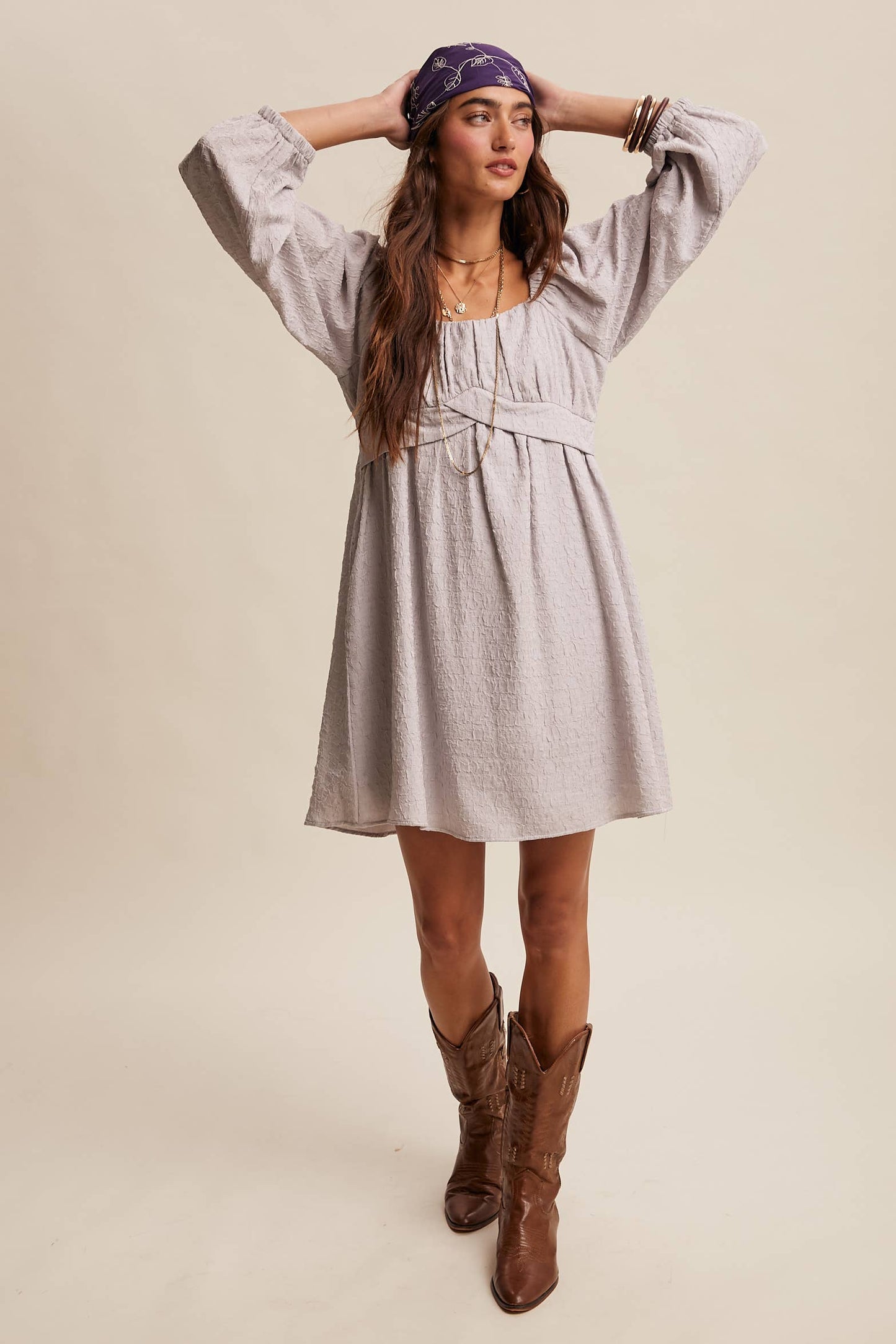 Textured Square Neck Babydoll Mini Dress