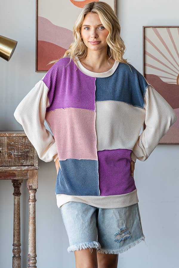 Patchwork Detail Rib Knit Top for Women
