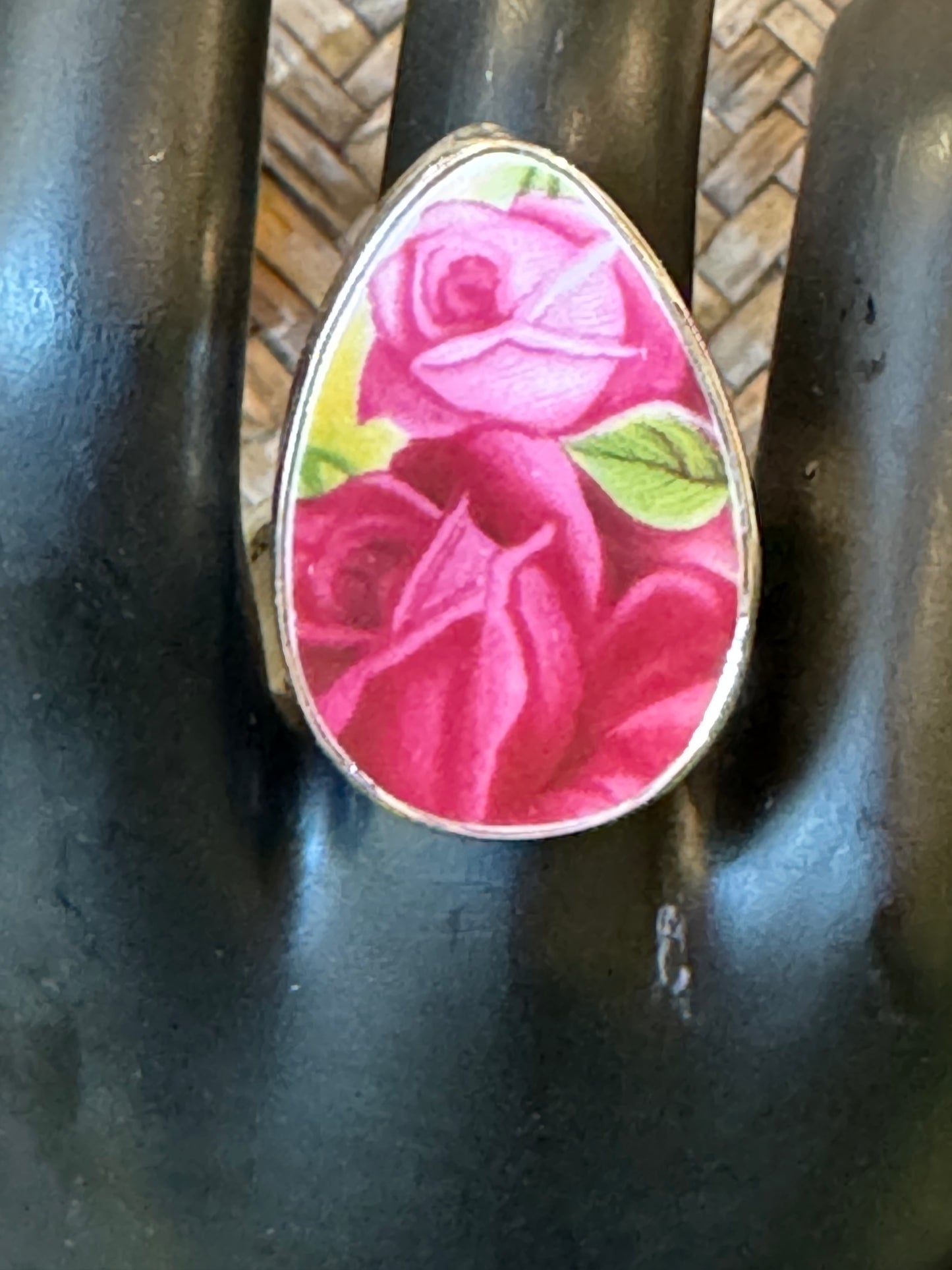 Blue Pottery Rose Pattern Ring | Adjustable