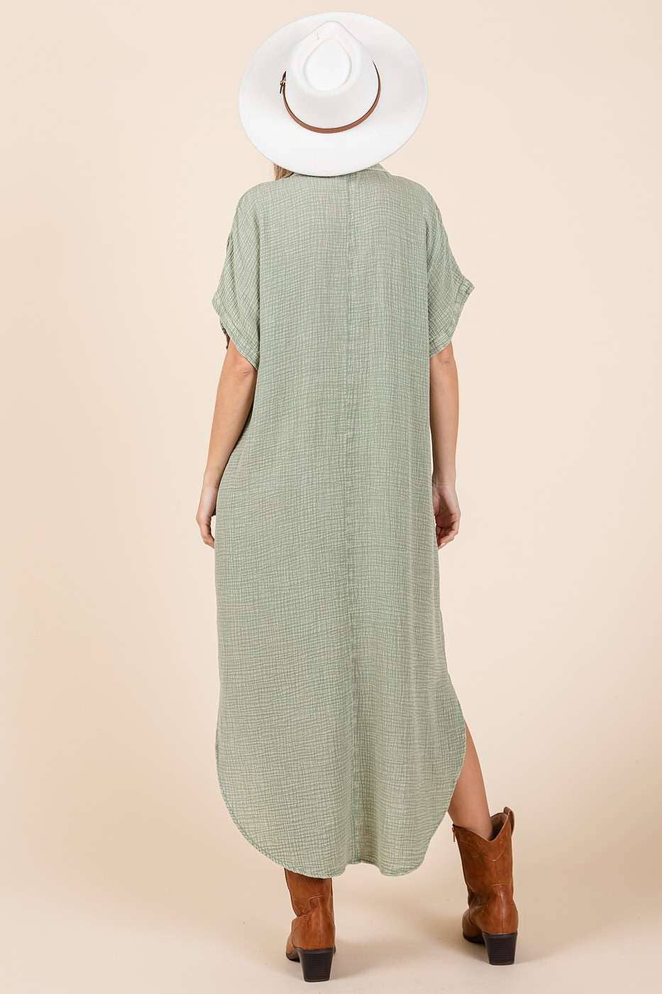 MINERAL WASH V NECK BUTTON UP RELAXED MIDI DRESS