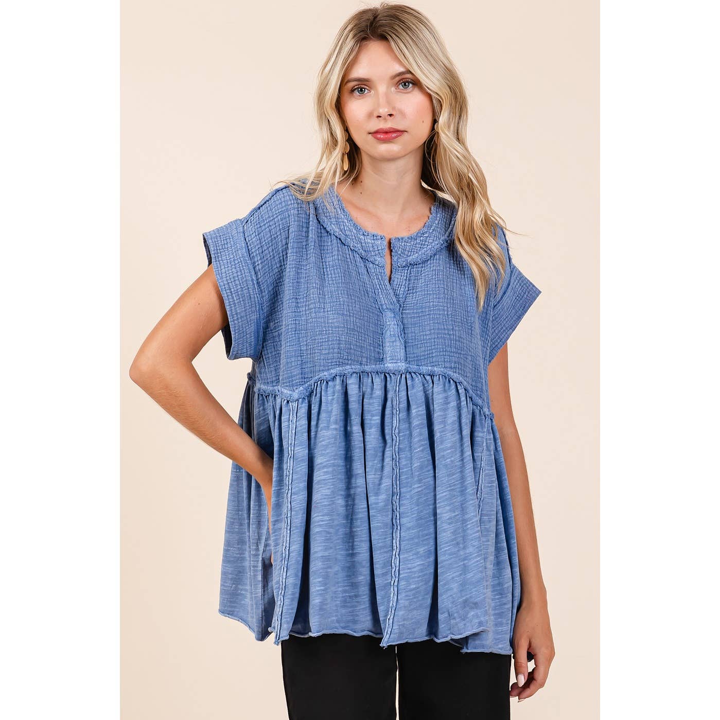 MIXED MEDIA MINERAL WASH BABYDOLL SHORT SLEEVE TOP
