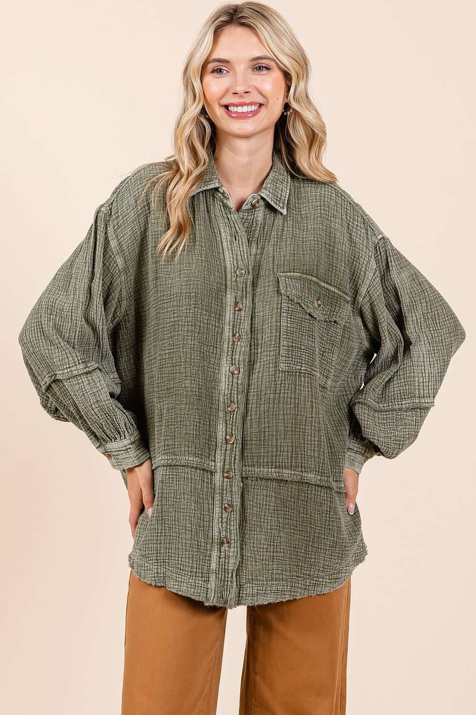 MINERAL WASH CRINKLE GAUZE BUTTON DOWN SHIRT