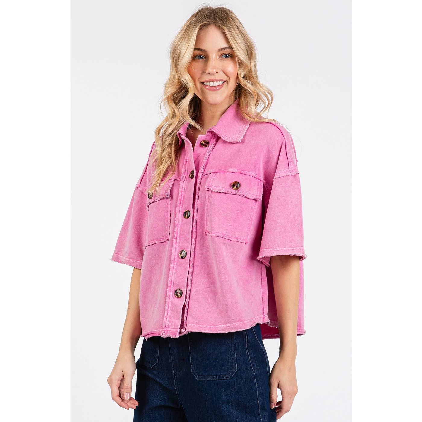 PINK MINERAL WASH BOXY SHORT SLEEVE BUTTON DOWN SHIRT