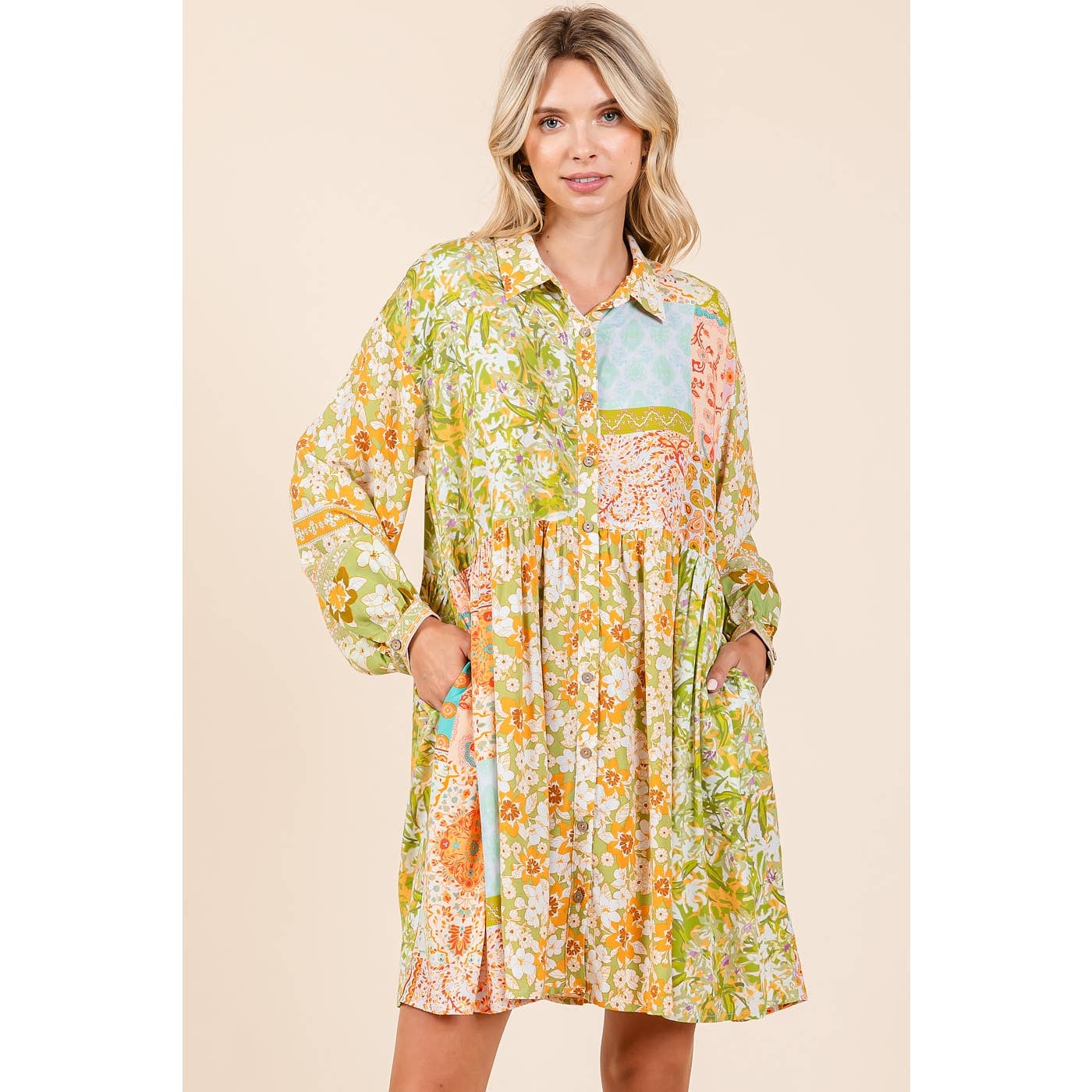 MIXED PATCHWORK PRINT BABYDOLL MINI SHIRT DRESS - Green Tea