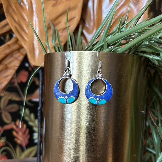 Tibetan Silver Lapis & Turquoise Earrings (Round)