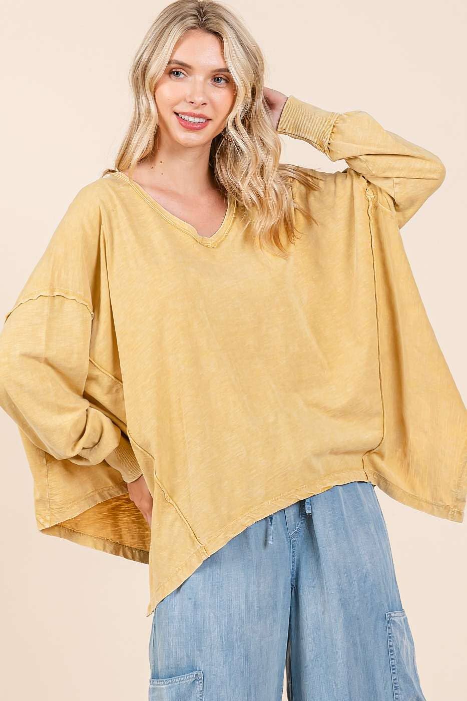 MINERAL WASH V-NECK LONG SLEEVE OVERSIZED TOP